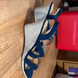 Brand new, never worn. Blue wedges